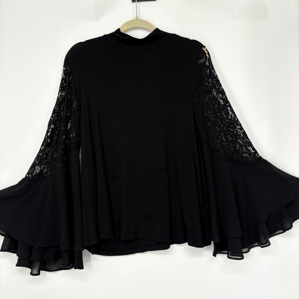 NWT L Joseph A Black Mock Neck Keyhole Bell Sleeve Lace Detail Blouse Top Dressy